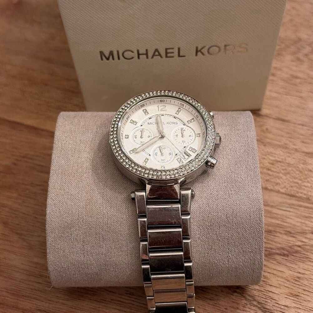 Michael Kors Parker silver, large face rhinestone watch with box